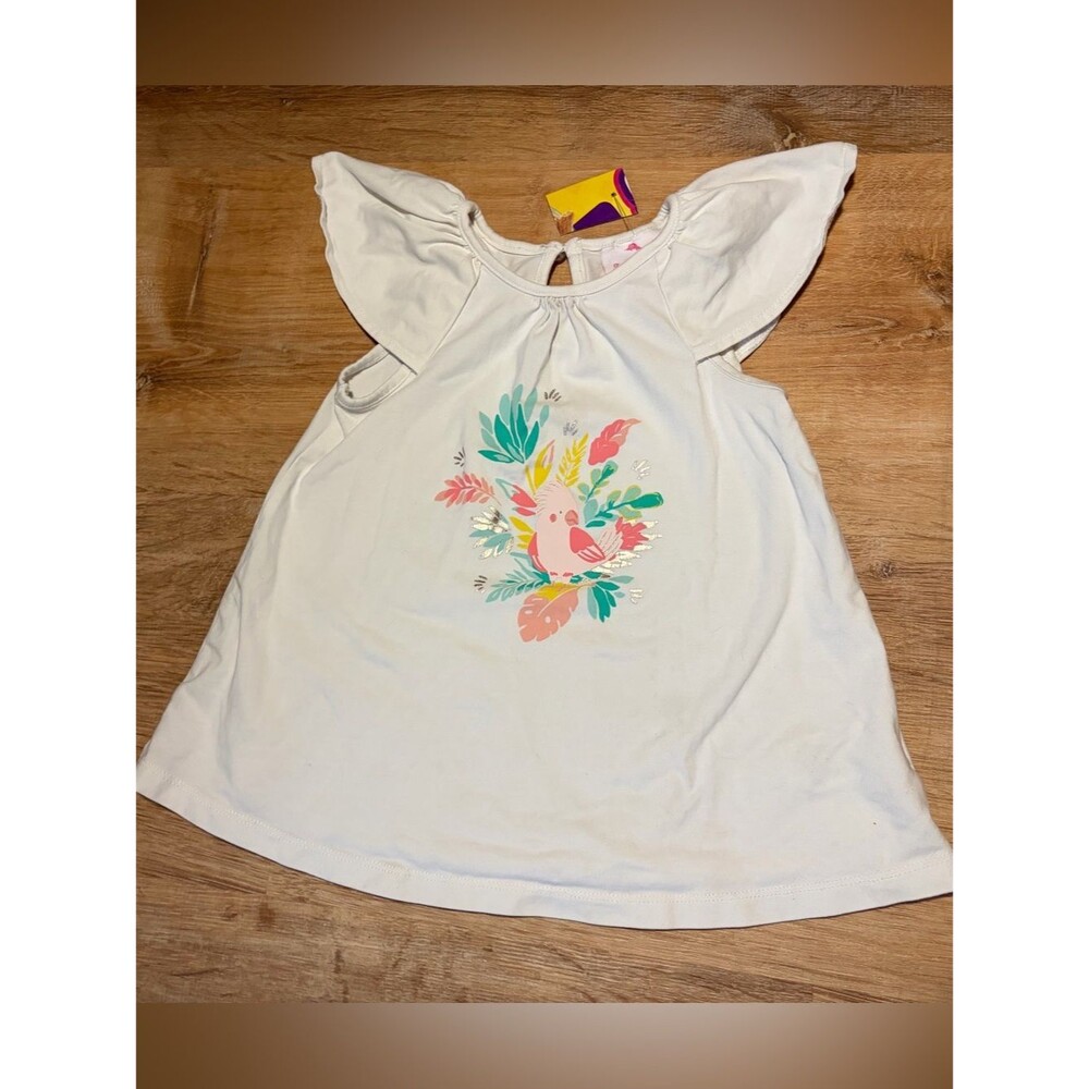 Tommy Bahama White Toddler Flutter Sleeve Summer Top with Colorful Parrot Print